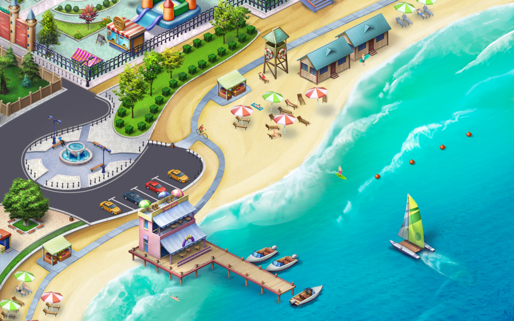 The beach area allows all sort of fun activities for your cityzens.